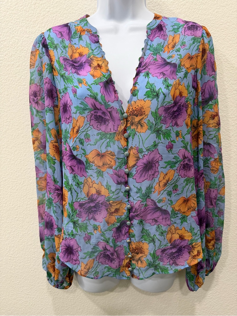 VERONICA BEARD -Floral Button-Front Blouse in Lavender, Purple & Mustard